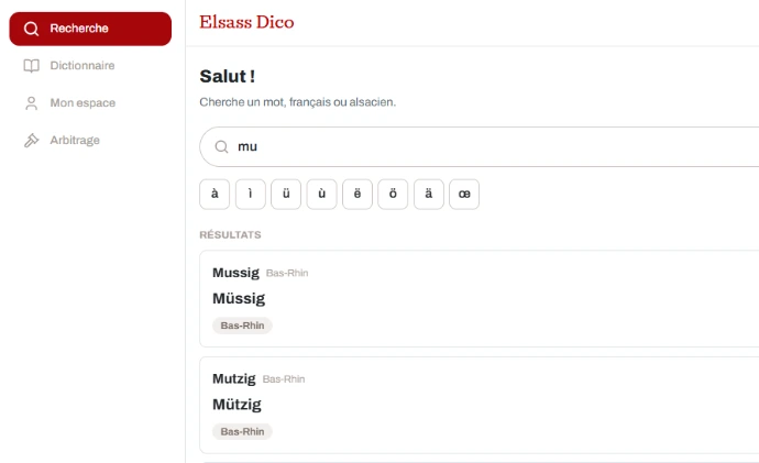 Recherche d'un mot dans Elsass Dico, dictionnaire alsacien